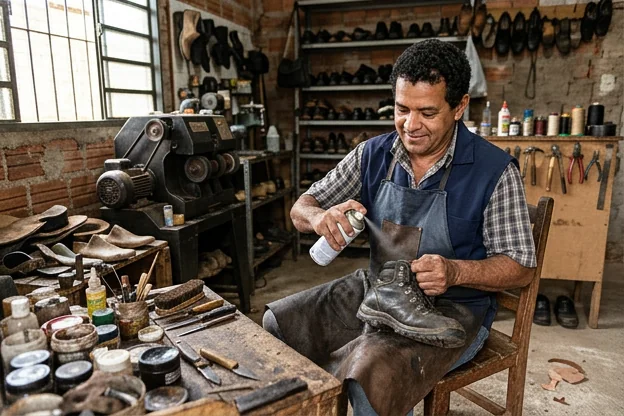 Sapateiro aplicando produto impermeabilizante em calçados.